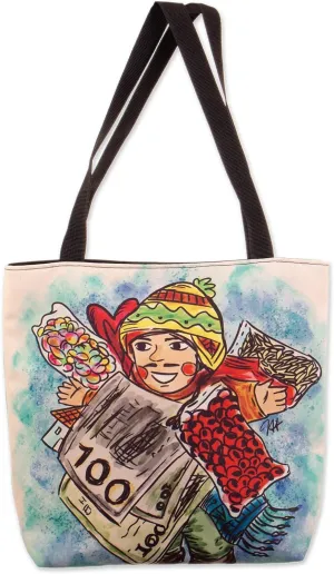 NOVICA Artisan Handmade Printed Tote Bag with Frugal Ekeko Zippered Closure Handbags Multicolor Shopping Shoulder Peru Cultural Good Fortune Luck Frugal Celebration