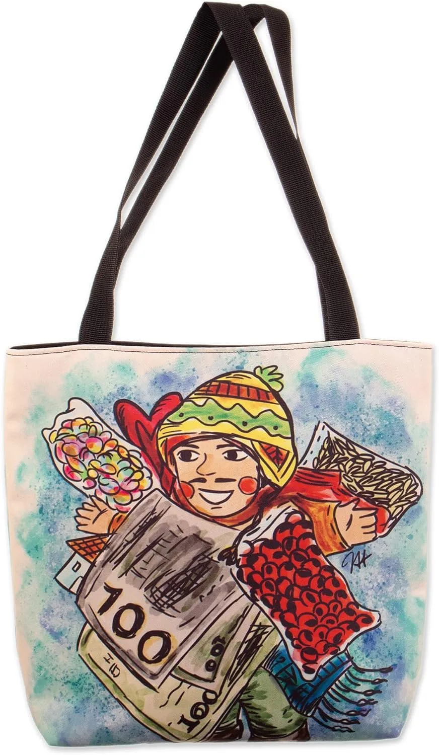 NOVICA Artisan Handmade Printed Tote Bag with Frugal Ekeko Zippered Closure Handbags Multicolor Shopping Shoulder Peru Cultural Good Fortune Luck Frugal Celebration