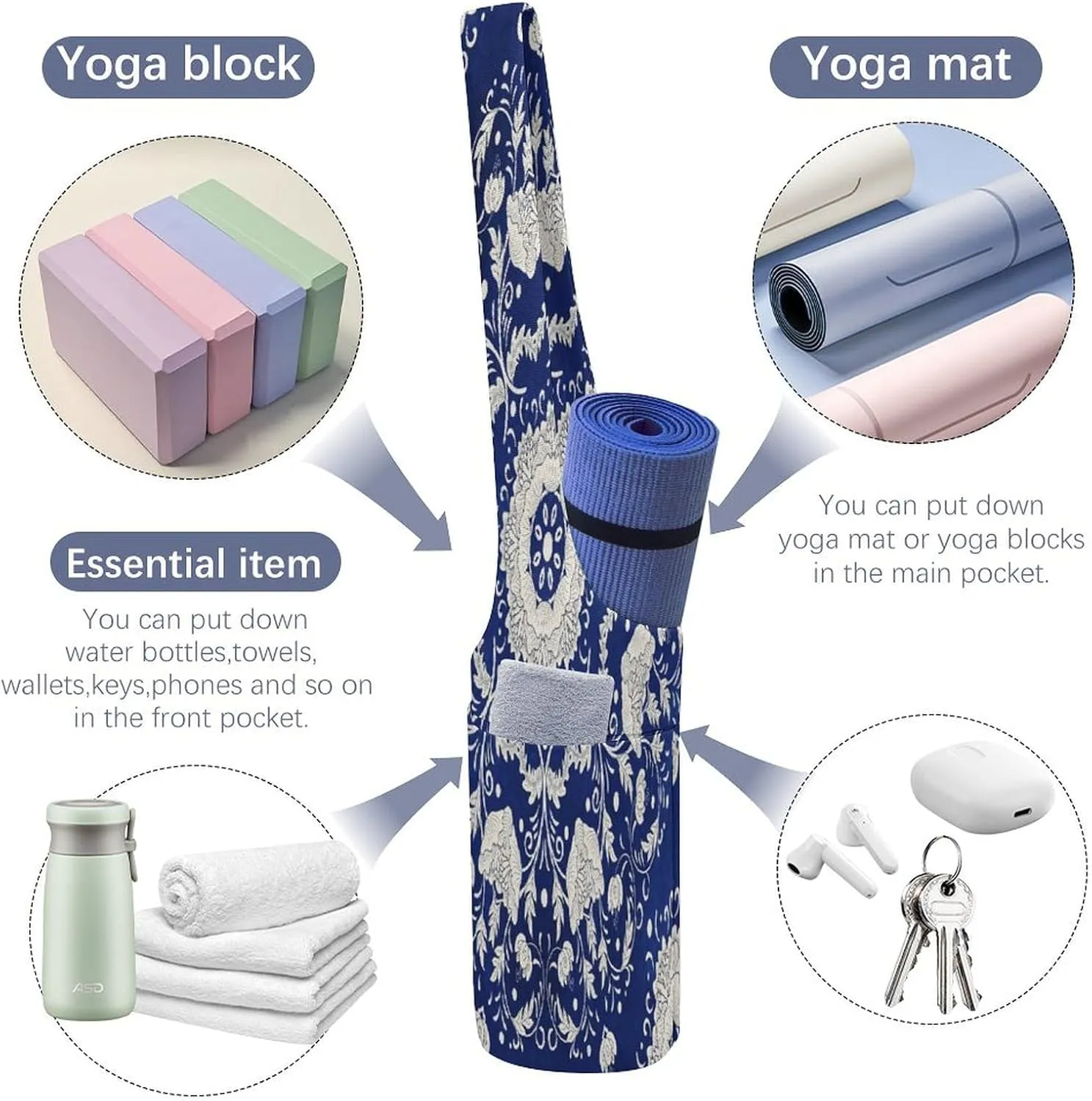Nugier Yoga Mat Bag, Soft Canvas Storage Bag Fashion Mat Bag Pocket Shoulder Strap Clothes Dorm Organizer