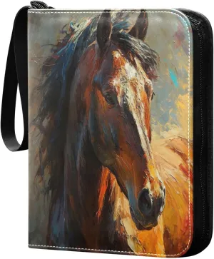 Oil Painting Horse Card Binder 4-Pocket, 400 Pockets Trading Cards Holder Games Card Albums Storage Organizer Case for Football, Baseball Cards