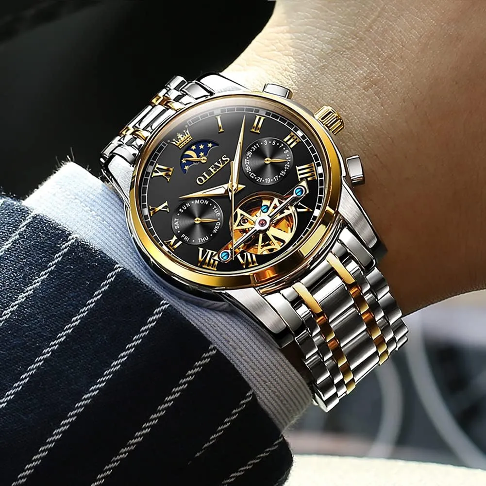 OLEVS Men Watch Automatic Mechanical Skeleton Moon Phase Dress Business Stainless Steel 3AT Waterproof Luminous Men Wrist Watch