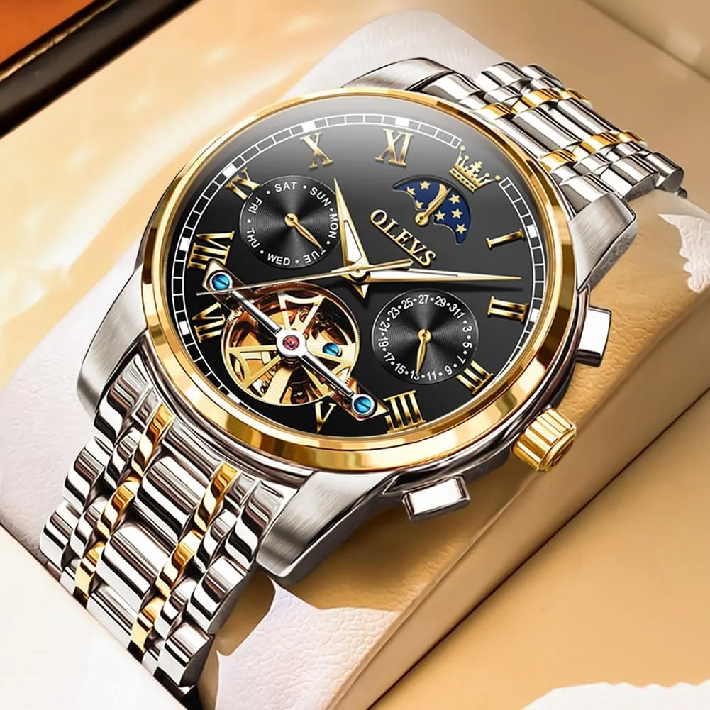 OLEVS Men Watch Automatic Mechanical Skeleton Moon Phase Dress Business Stainless Steel 3AT Waterproof Luminous Men Wrist Watch