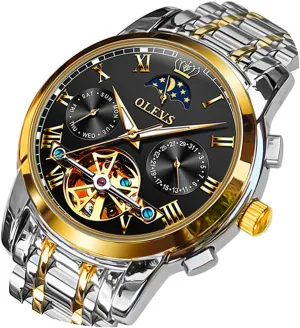 OLEVS Men Watch Automatic Mechanical Skeleton Moon Phase Dress Business Stainless Steel 3AT Waterproof Luminous Men Wrist Watch