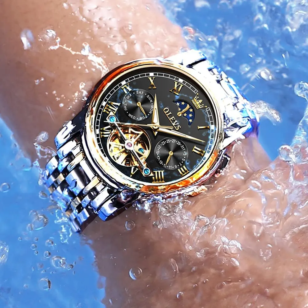 OLEVS Men Watch Automatic Mechanical Skeleton Moon Phase Dress Business Stainless Steel 3AT Waterproof Luminous Men Wrist Watch