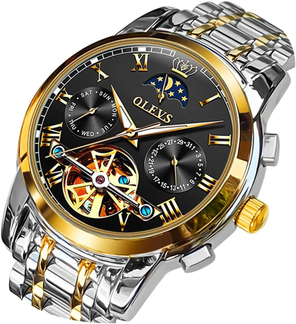OLEVS Men Watch Automatic Mechanical Skeleton Moon Phase Dress Business Stainless Steel 3AT Waterproof Luminous Men Wrist Watch