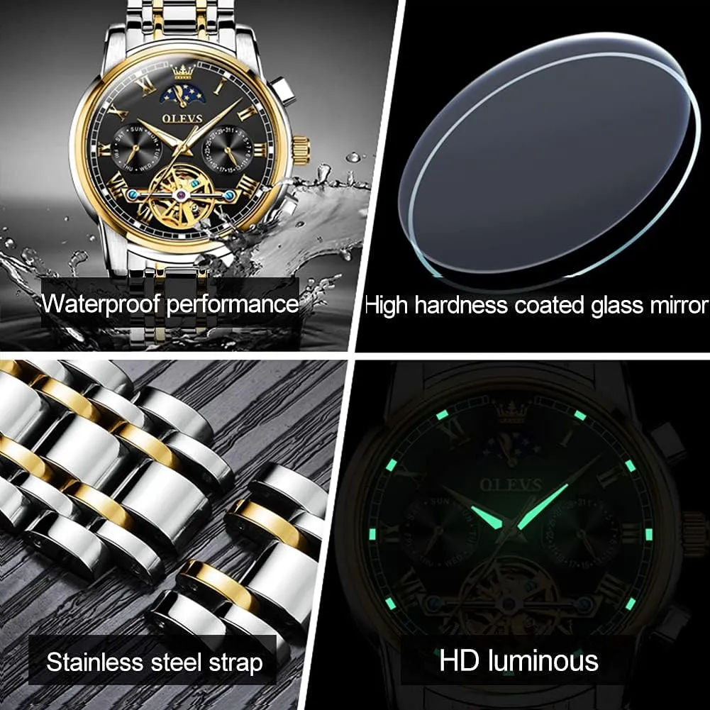 OLEVS Men Watch Automatic Mechanical Skeleton Moon Phase Dress Business Stainless Steel 3AT Waterproof Luminous Men Wrist Watch