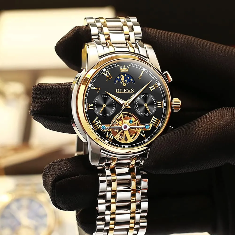 OLEVS Men Watch Automatic Mechanical Skeleton Moon Phase Dress Business Stainless Steel 3AT Waterproof Luminous Men Wrist Watch
