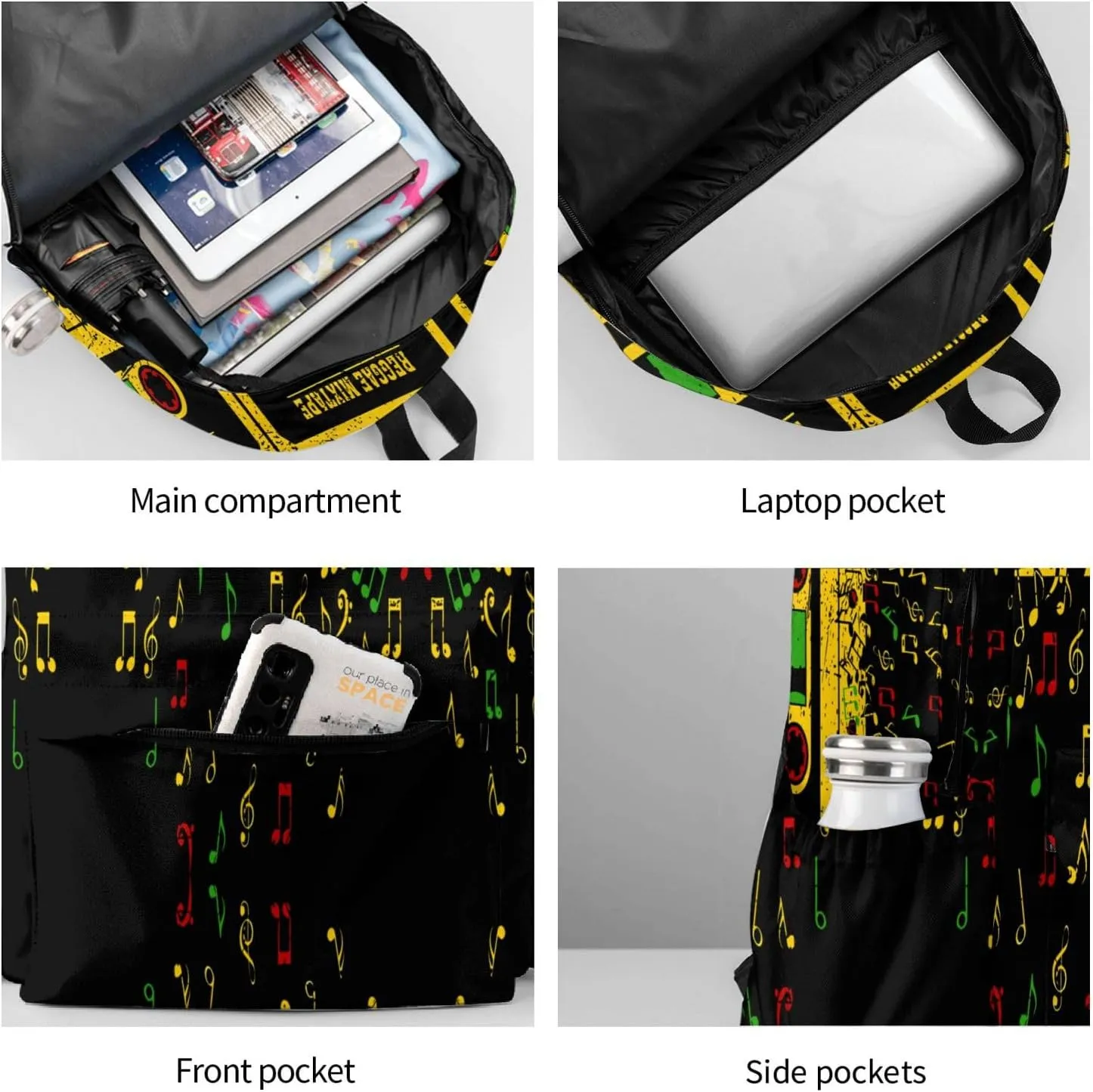 One Loves Jamaican Rasta Reggae Mixtape Music Casual Backpacks Large Travel Backpack Laptop Rucksack Sports Daypack Adjustable Strap Bag for Camping Hiking