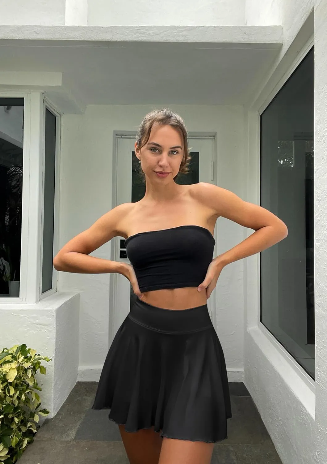 OQQ Women 2 Piece Skirts 2 in 1 Flowy Basic Versatile Stretchy Flared Casual Mini Skirts