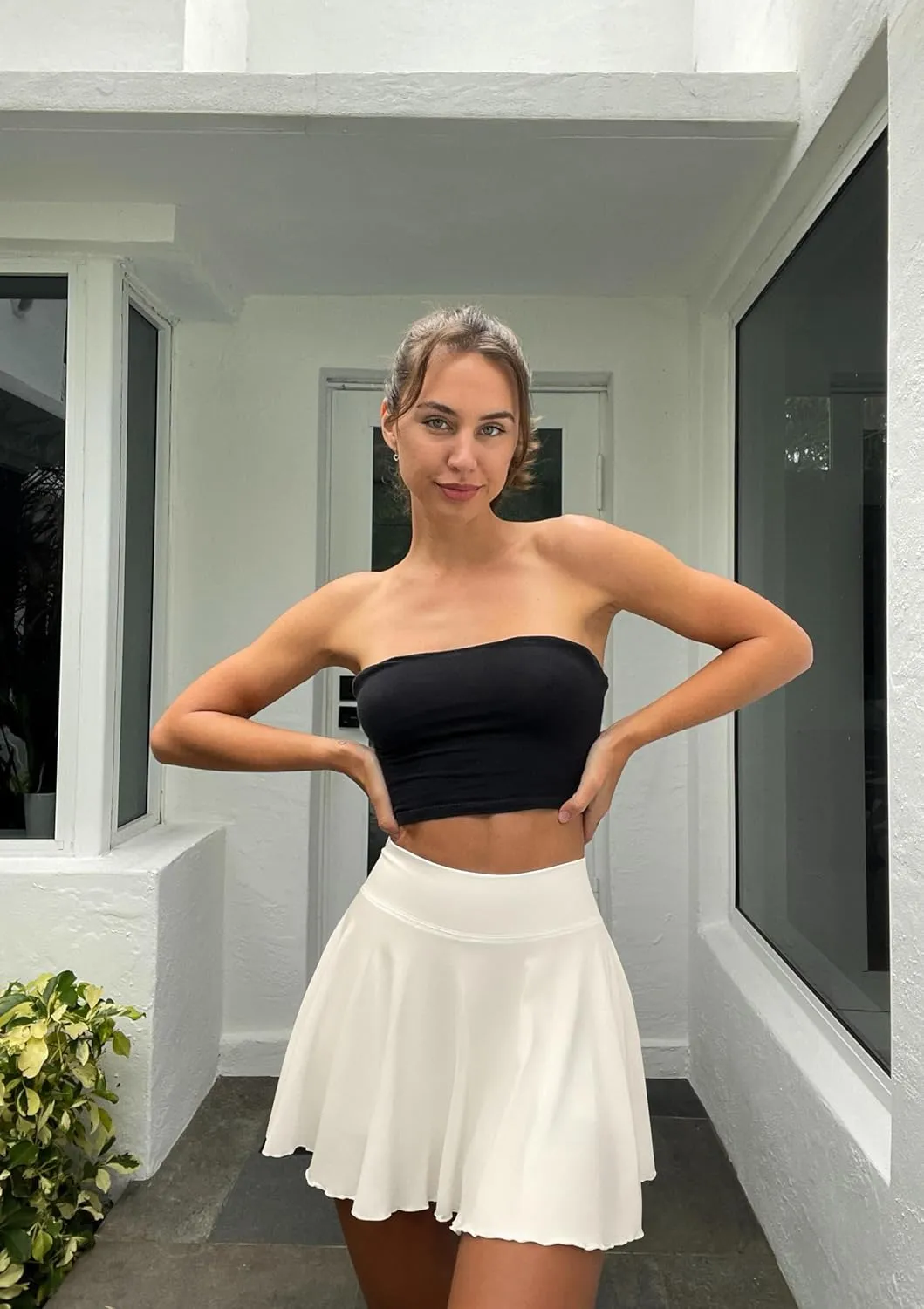 OQQ Women 2 Piece Skirts 2 in 1 Flowy Basic Versatile Stretchy Flared Casual Mini Skirts