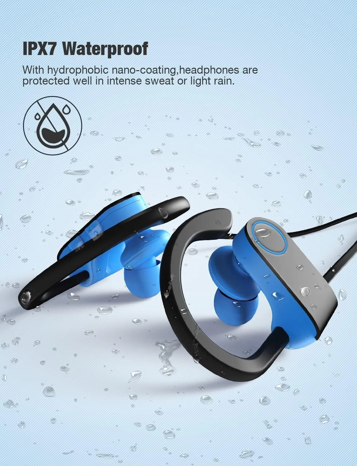 Otium Bluetooth Headphones, Wireless Earbuds IPX7 Waterproof Sports Earphones with Mic HD Stereo Sweatproof in-Ear Earbuds Gym Running Workout 15 Hours Battery Sound Isolation Headsets Blue