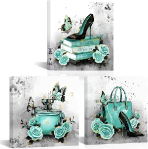 OuElegent Fashion Wall Decor Teal Grey Wall Art Handbag Perfume Pictures Fashion Paintings for Women 12''x12''x3(Teal)