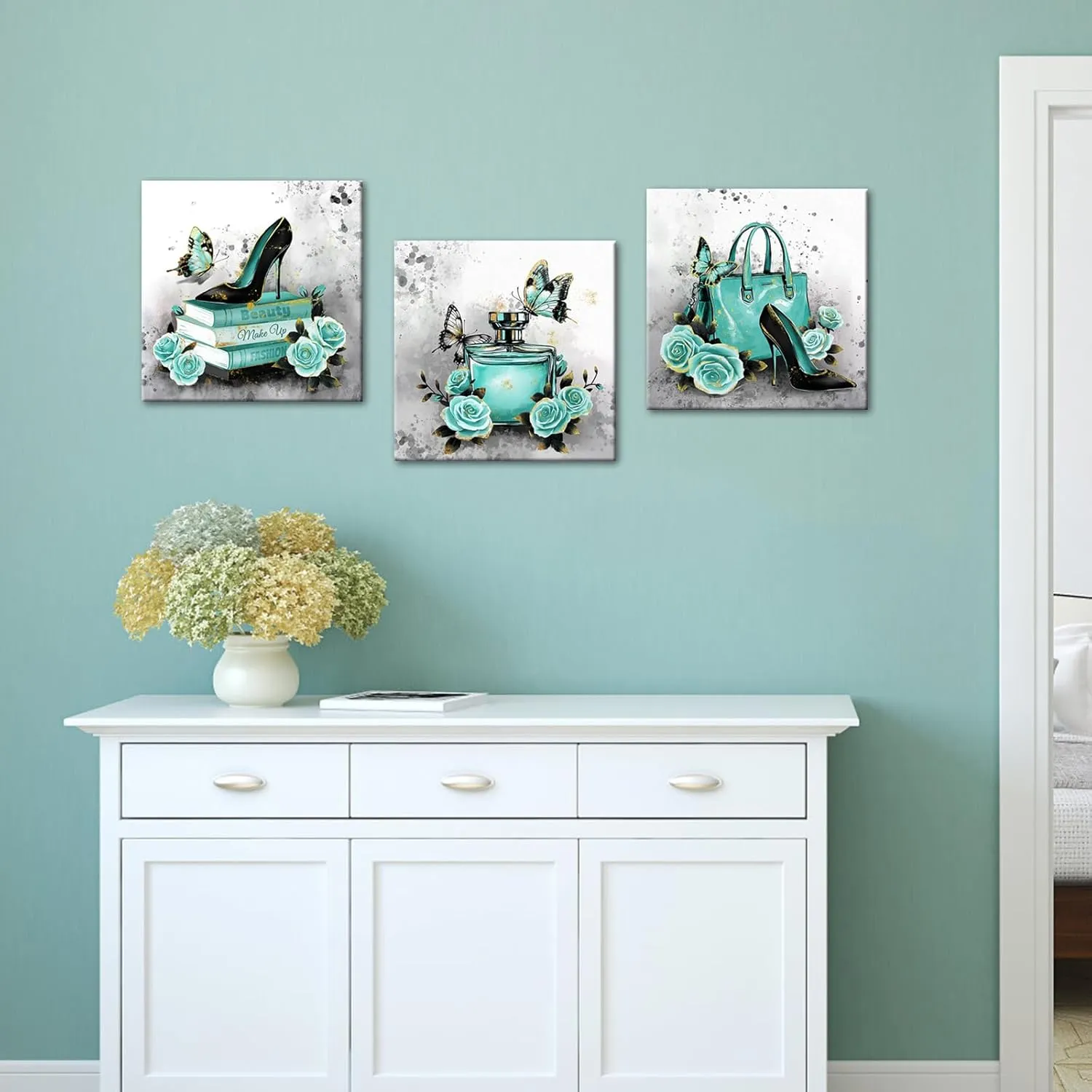 OuElegent Fashion Wall Decor Teal Grey Wall Art Handbag Perfume Pictures Fashion Paintings for Women 12''x12''x3(Teal)
