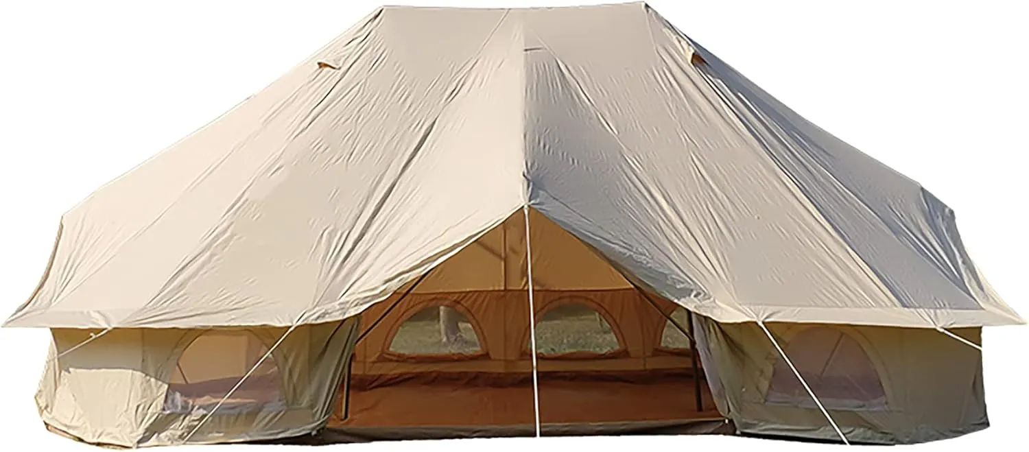 Outdoor Bell Tent 4-Season Luxury Large Yurt Tents 6 Meters 3 Doors Portable Glamping Bell Tent 8-12 Persons Cotton Canvas Tent with Hook for Family Camping Hiking Hello