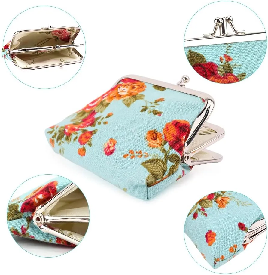 Oyachic 2 Packs Double Pockets Coin Purse Canvas Coin Pouch Rose Pattern Clasp Closure Wallet Gift 4.7" L X 3.5" H