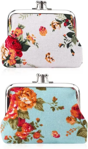 Oyachic 2 Packs Double Pockets Coin Purse Canvas Coin Pouch Rose Pattern Clasp Closure Wallet Gift 4.7" L X 3.5" H