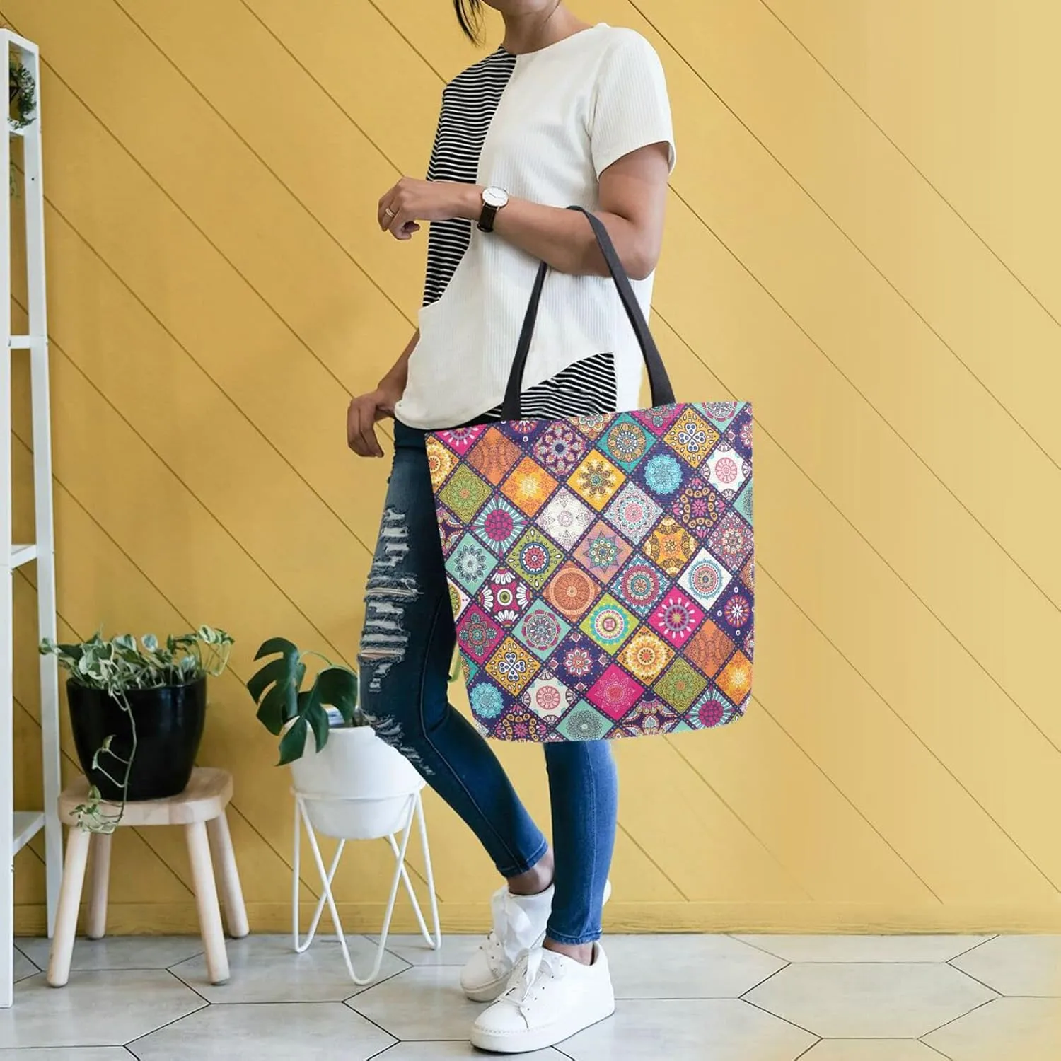 Oyihfvs Canvas Tote Grocery Bag, Women Large Shoulder Bag, Reusable Grocery Handbag