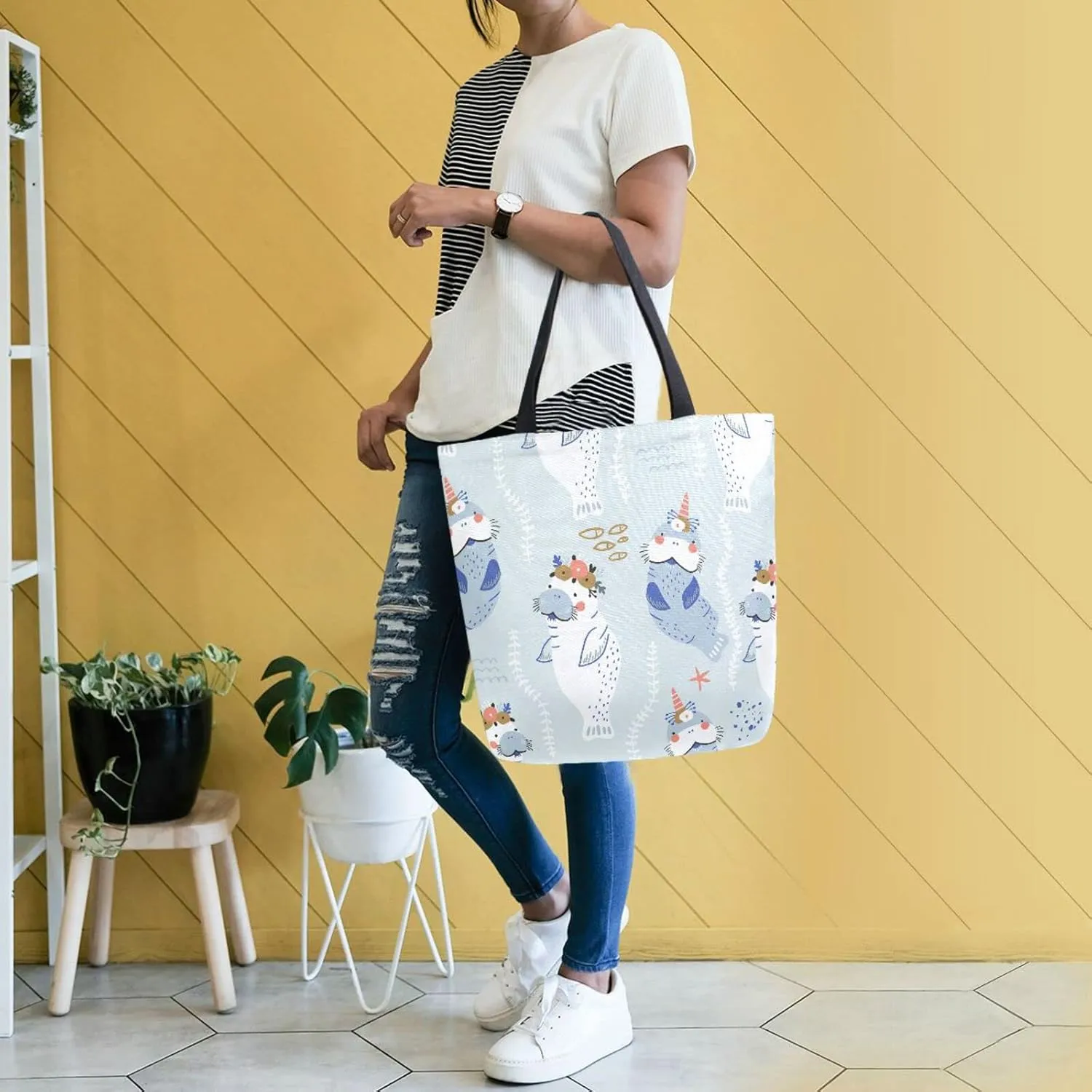 Oyihfvs Canvas Tote Grocery Bag, Women Large Shoulder Bag, Reusable Grocery Handbag