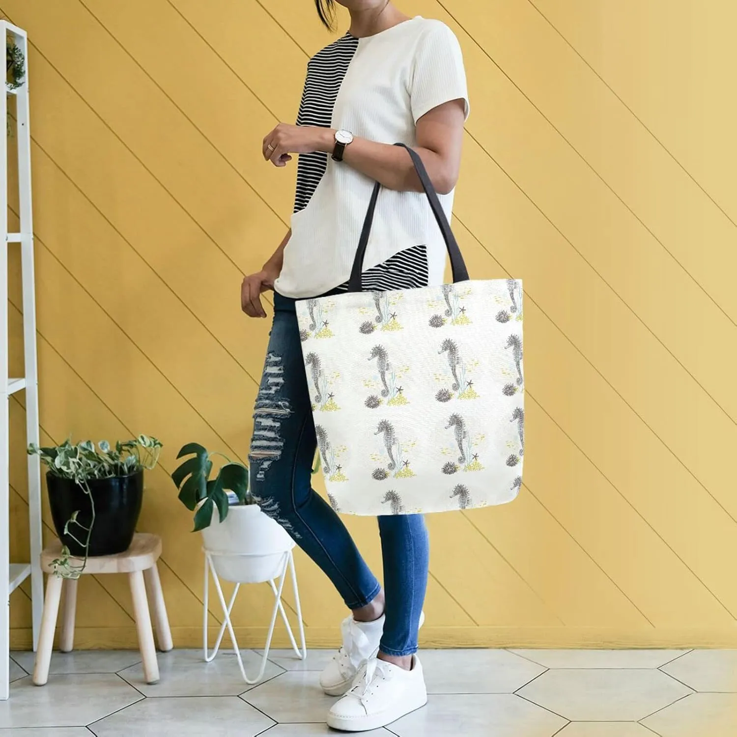 Oyihfvs Canvas Tote Grocery Bag, Women Large Shoulder Bag, Reusable Grocery Handbag