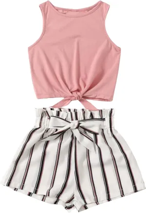 OYOANGLE Girl's 2 Piece Outfits Summer Tie Knot Tank Top and Paperbag Waist Striped Shorts Set