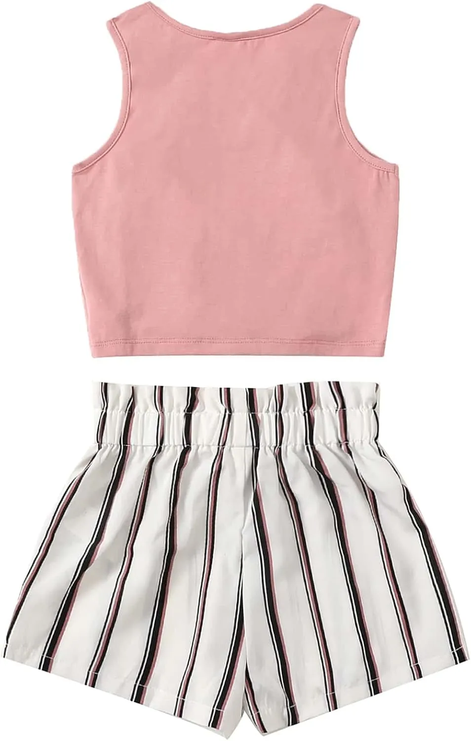 OYOANGLE Girl's 2 Piece Outfits Summer Tie Knot Tank Top and Paperbag Waist Striped Shorts Set
