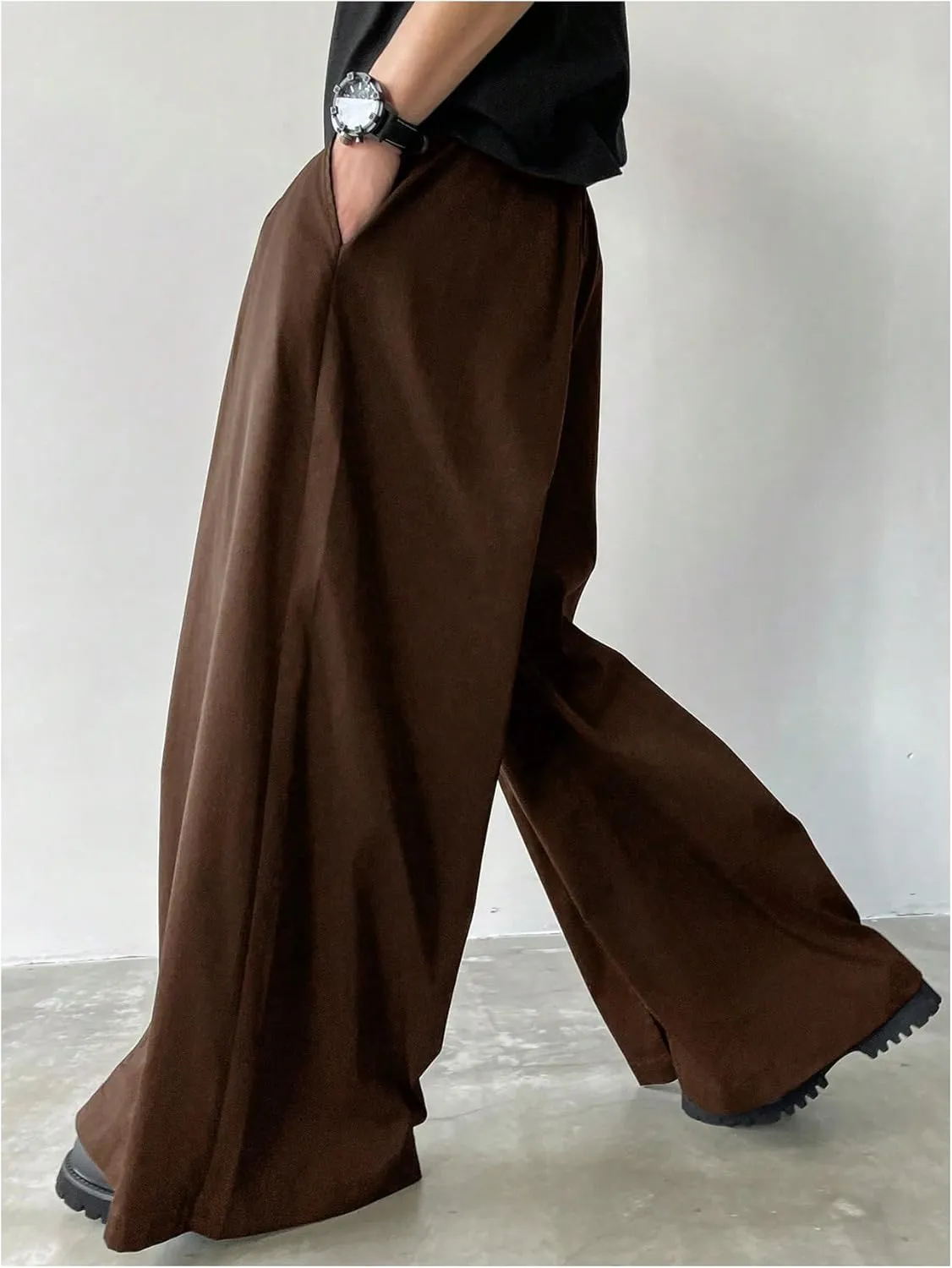 OYOANGLE Men's Baggy Wide Leg Pants Zipper Fly Pleated Trousers Business Casual Dress Pants with Pocket