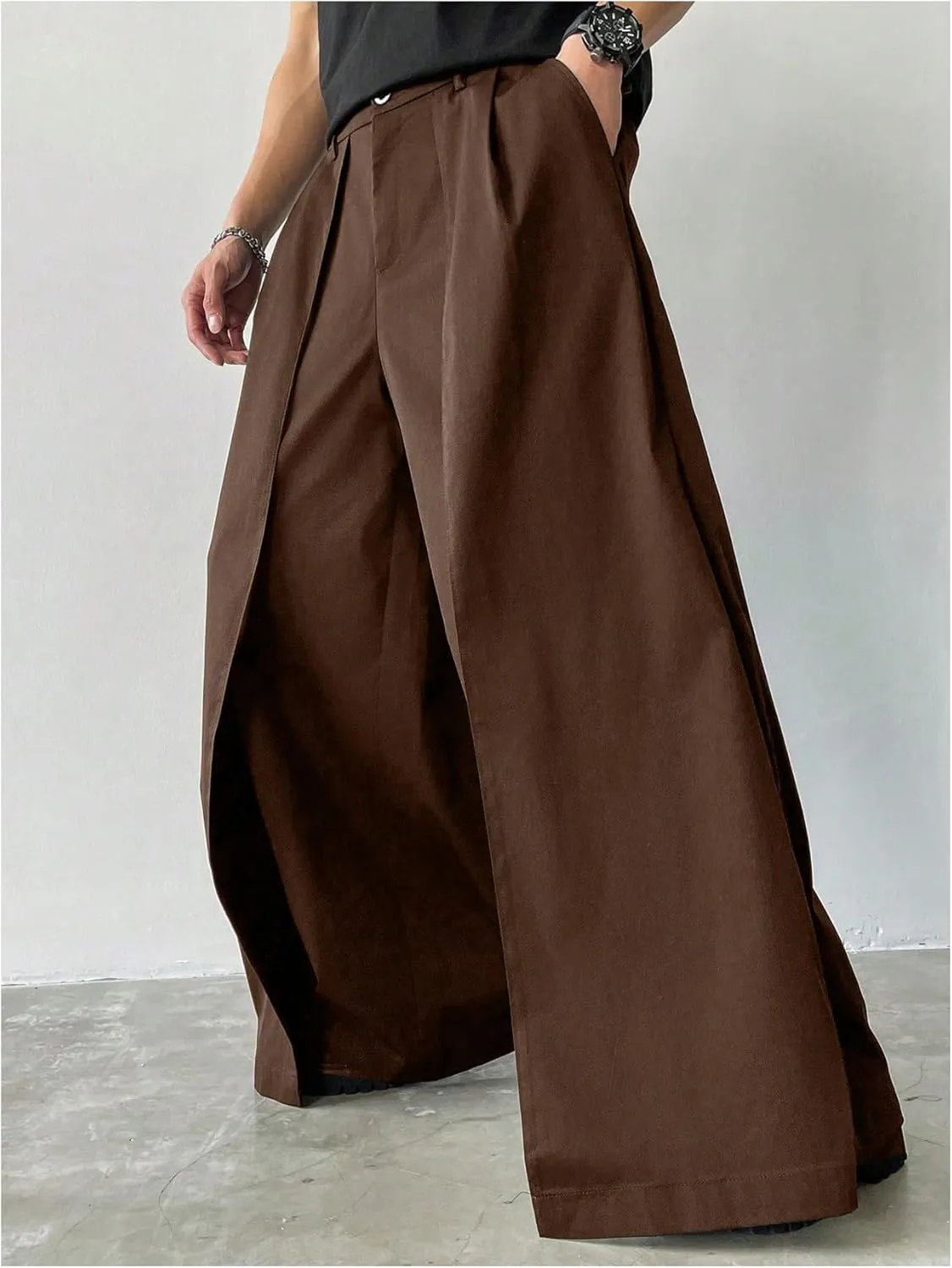 OYOANGLE Men's Baggy Wide Leg Pants Zipper Fly Pleated Trousers Business Casual Dress Pants with Pocket