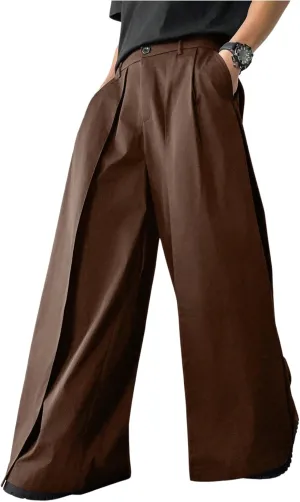 OYOANGLE Men's Baggy Wide Leg Pants Zipper Fly Pleated Trousers Business Casual Dress Pants with Pocket