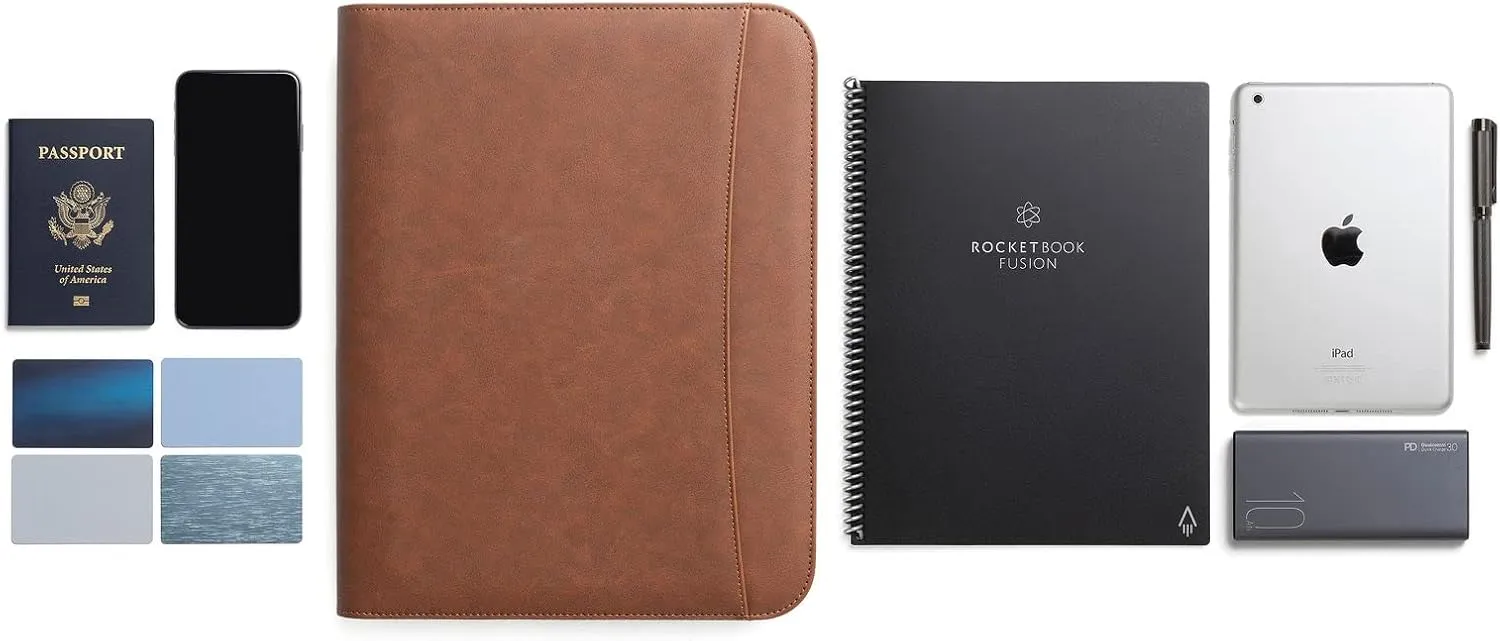 Padfolio Binder - Professional Faux Leather Travel Organizer Pouch for Tablet, Documents, Presentation Folders, Zipper Closure, Notepad - Brown