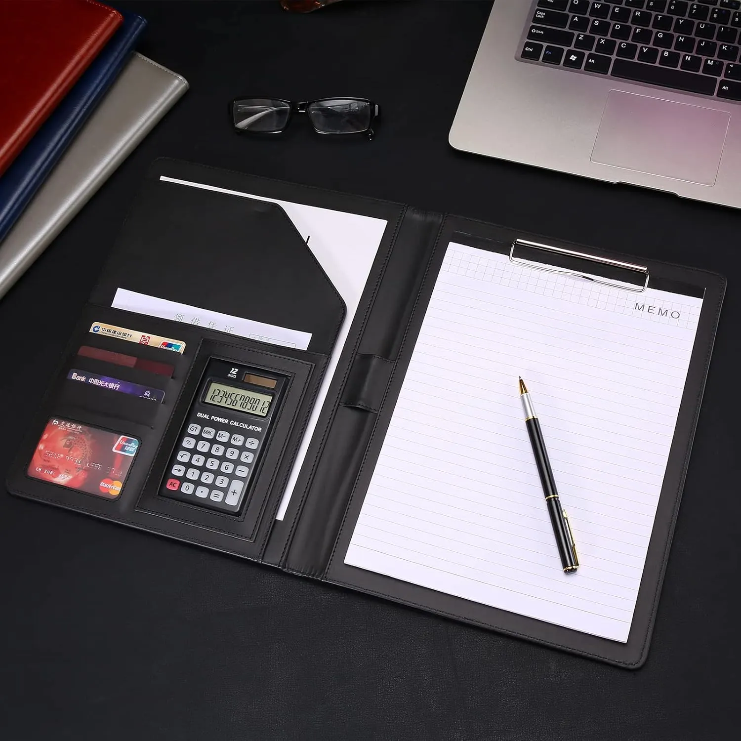 Padfolio/Portfolio Folder Clipboard,Resume/Interview Document Organizer & Business Card Holder Slot/Letter/A4 Size Writing Pad Holder,Faux Leather Office Conference Notepad Clip Boards, Black