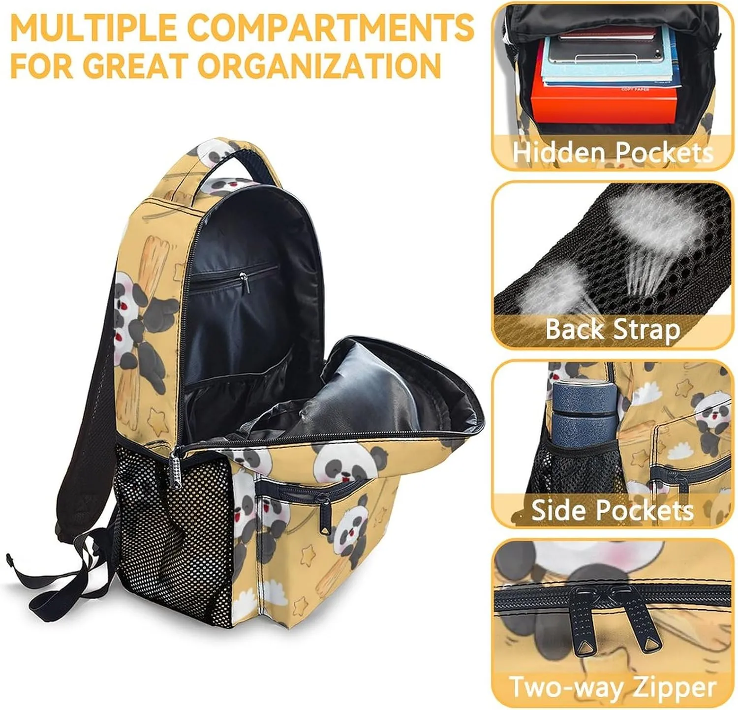 Panda Backpacks for Girls, Boys - 16 Inch Cute Backpack for School - Yellow, Large Capacity, Durable, Lightweight Bookbag for Kids Travel