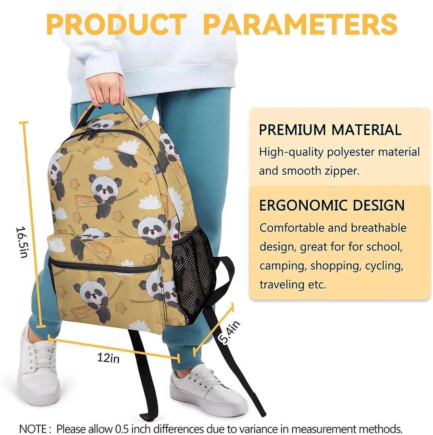 Panda Backpacks for Girls, Boys - 16 Inch Cute Backpack for School - Yellow, Large Capacity, Durable, Lightweight Bookbag for Kids Travel
