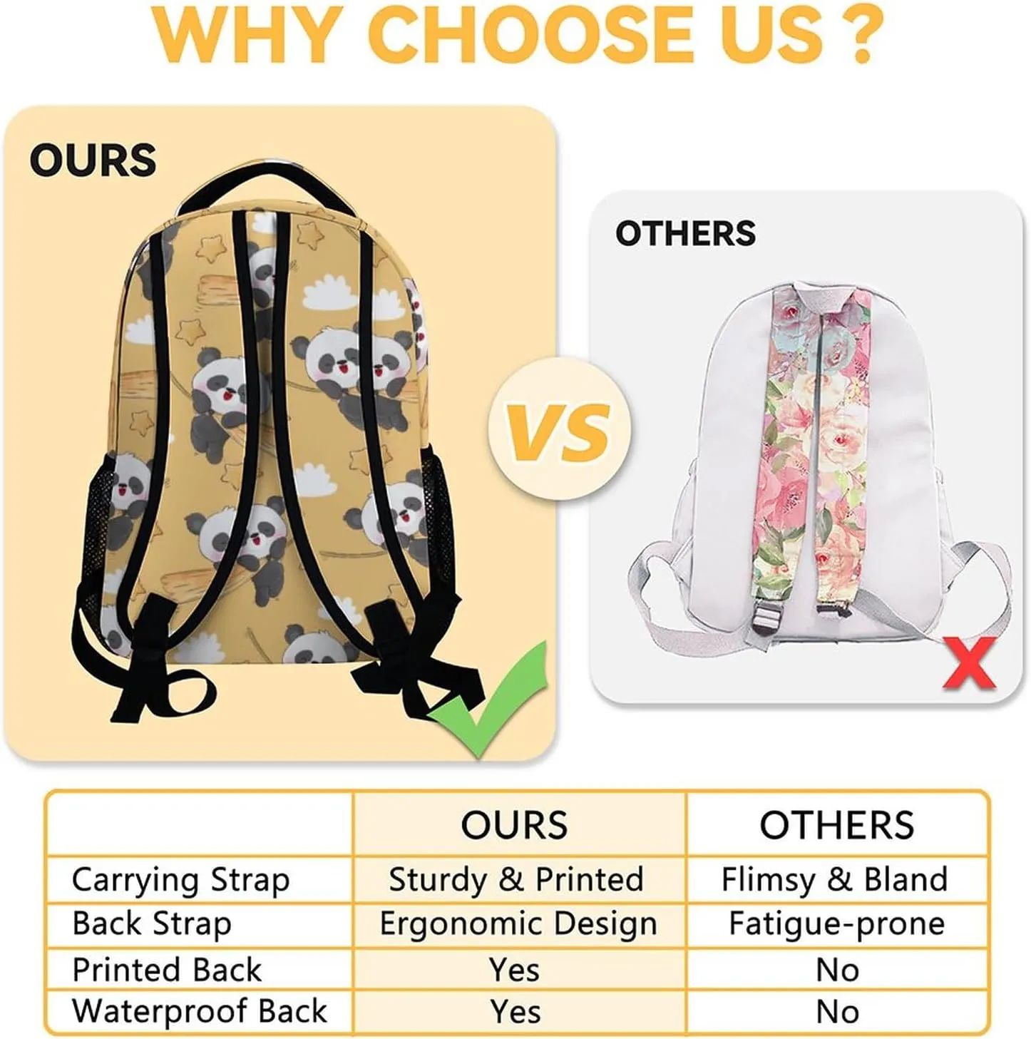Panda Backpacks for Girls, Boys - 16 Inch Cute Backpack for School - Yellow, Large Capacity, Durable, Lightweight Bookbag for Kids Travel
