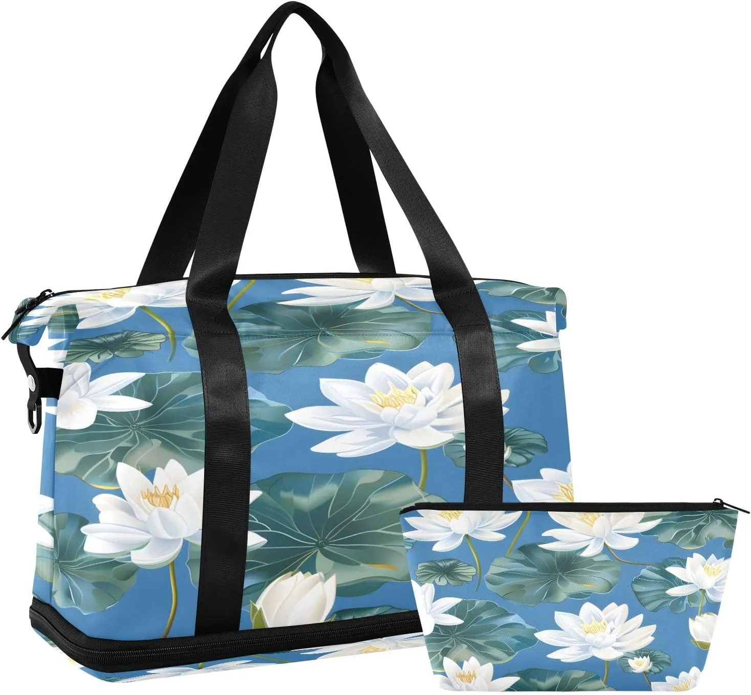 Pattern Water Lily Lilies Water Lilies Blue Background White Colorful Travel Duffel Bag Waterproof Gym Sport Tote Bag Carry On Weekender Bag with Compartment