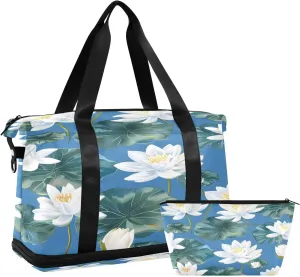 Pattern Water Lily Lilies Water Lilies Blue Background White Colorful Travel Duffel Bag Waterproof Gym Sport Tote Bag Carry On Weekender Bag with Compartment