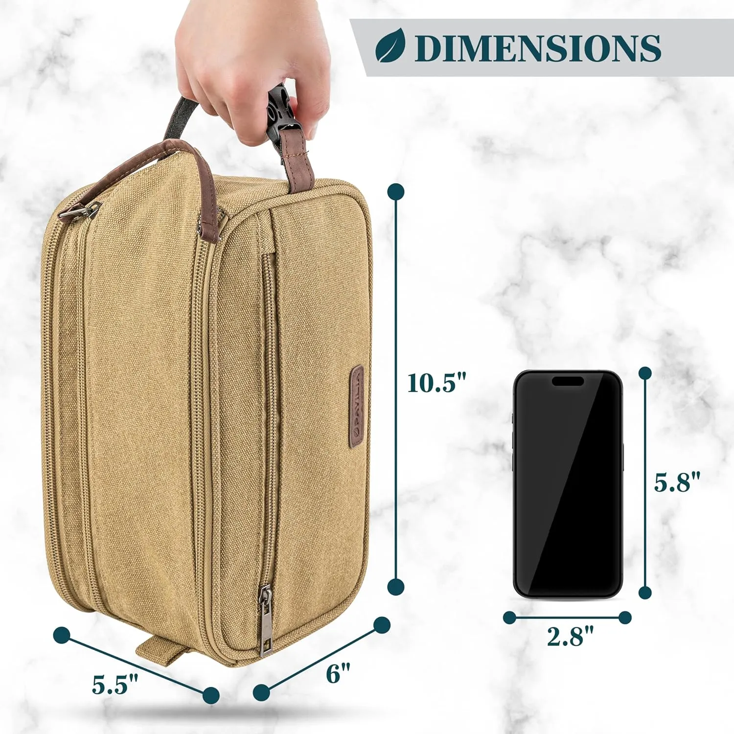 PAVILIA Toiletry Bag for Men, Canvas Travel Dopp Kit, Water Resistant Hygiene Bag Toiletries Organizer, Shaving Kit Travel Accessories Bag, Tan Khaki