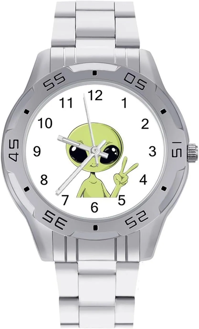 Peace Alien Mugshot Simple Stainless Steel Band Business Watch Dress Wrist Unique Luxury Work Casual Waterproof Watches