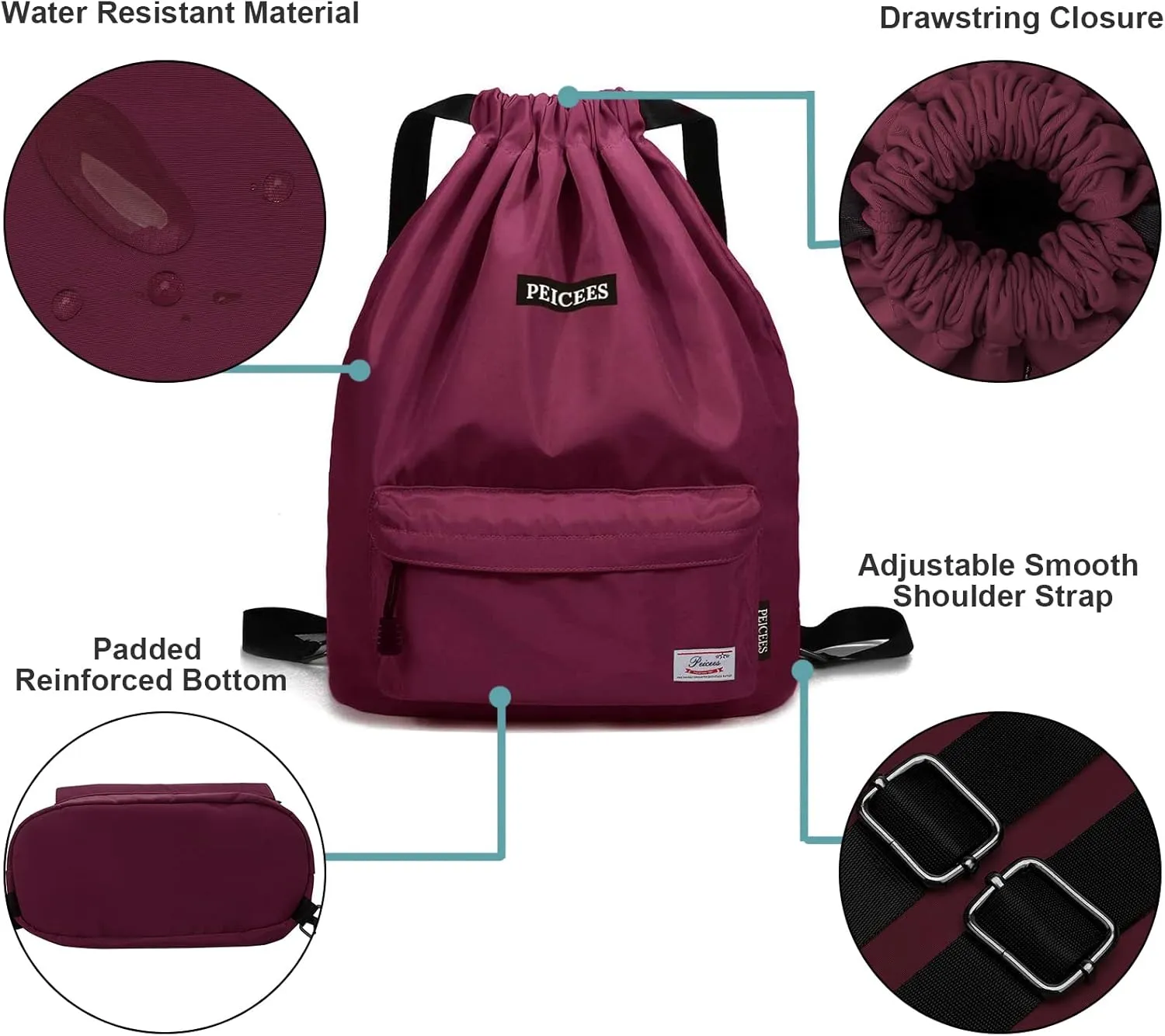 Peicees Waterproof Drawstring Sport Bag Lightweight Sackpack Backpack for Men and Women