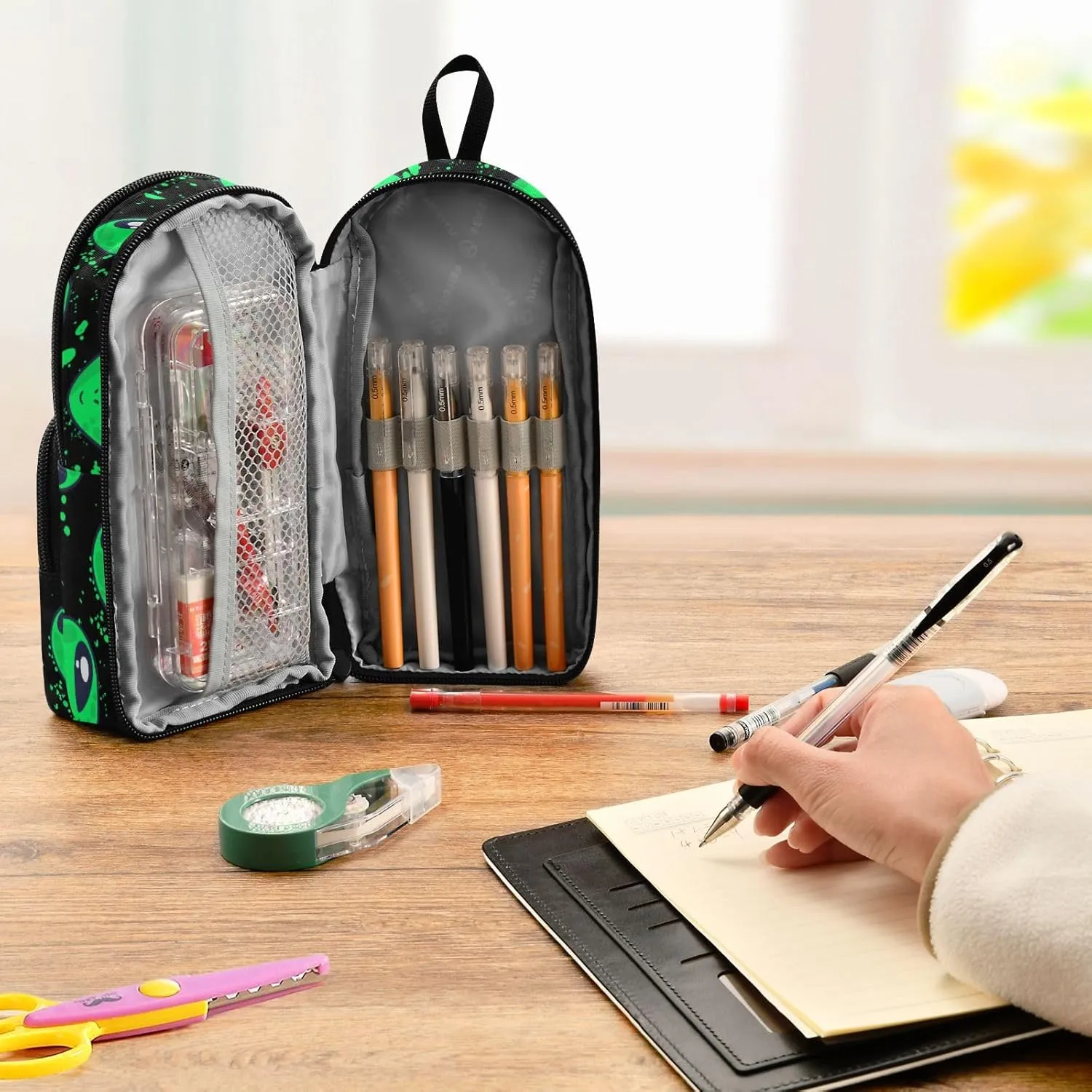 Pencil Case Big Capacity Green Alien Handheld Pencil Pouch Portable Large Storage Canvas Pencil Bag for Boys Girls Adults Students