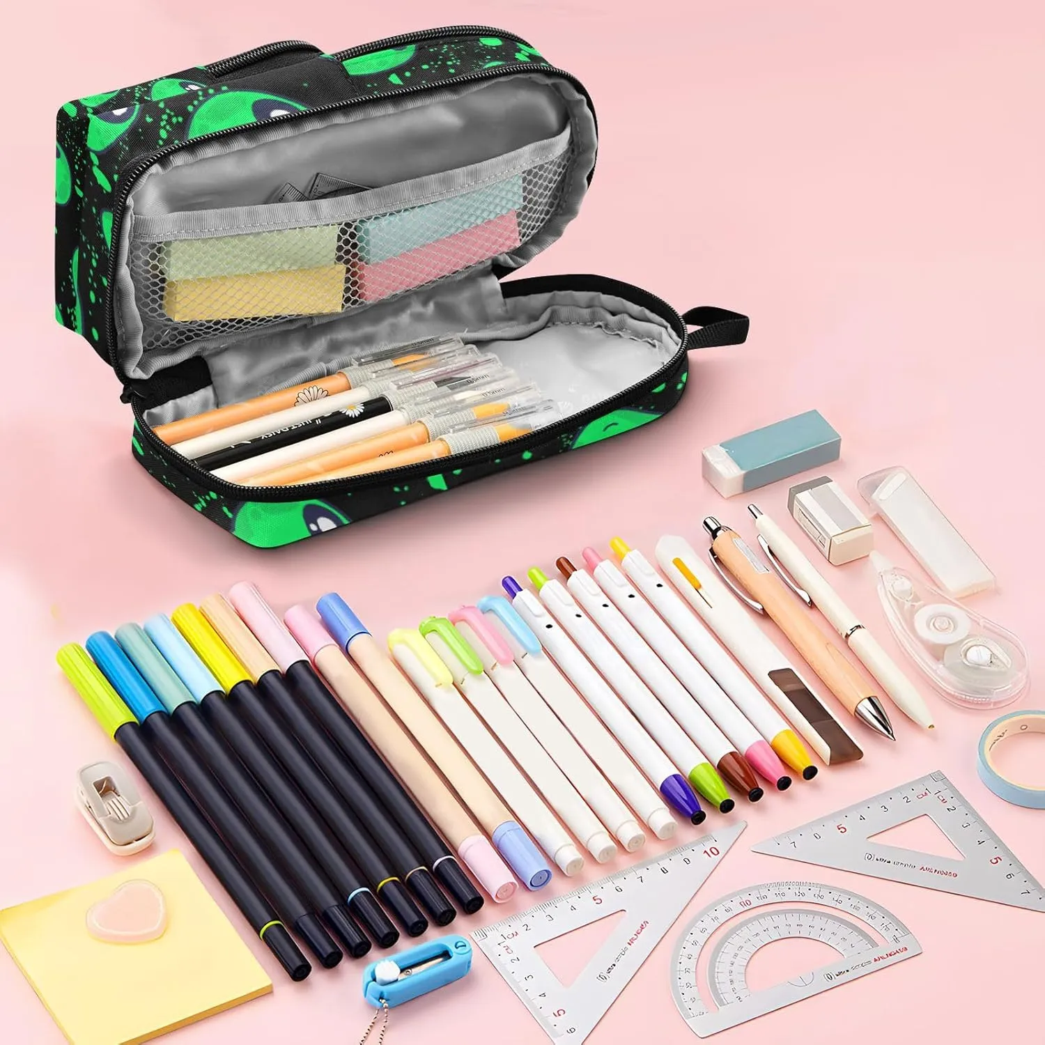 Pencil Case Big Capacity Green Alien Handheld Pencil Pouch Portable Large Storage Canvas Pencil Bag for Boys Girls Adults Students