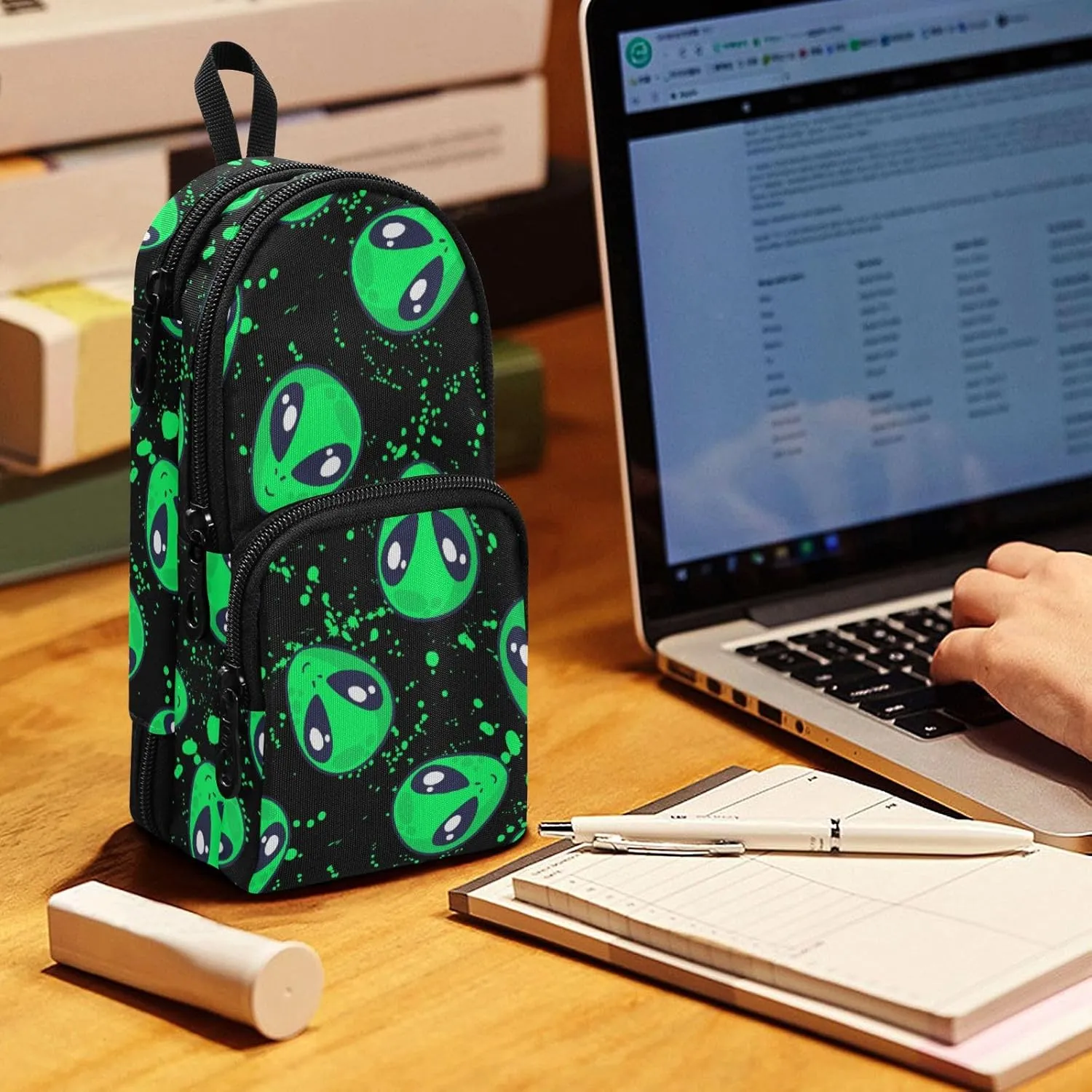 Pencil Case Big Capacity Green Alien Handheld Pencil Pouch Portable Large Storage Canvas Pencil Bag for Boys Girls Adults Students