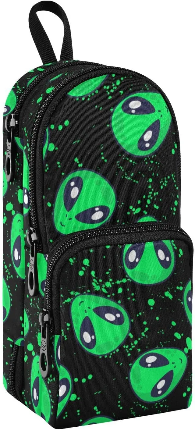 Pencil Case Big Capacity Green Alien Handheld Pencil Pouch Portable Large Storage Canvas Pencil Bag for Boys Girls Adults Students