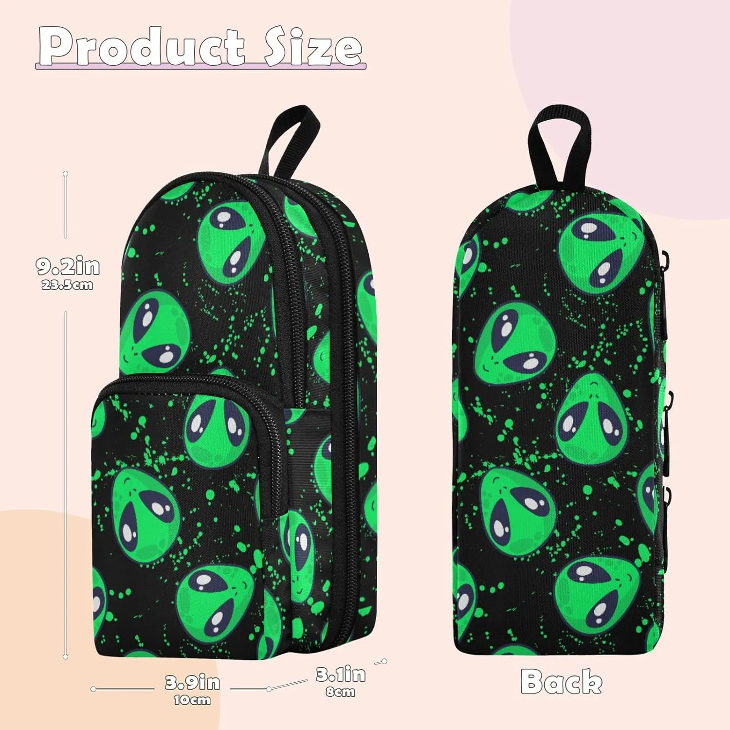 Pencil Case Big Capacity Green Alien Handheld Pencil Pouch Portable Large Storage Canvas Pencil Bag for Boys Girls Adults Students