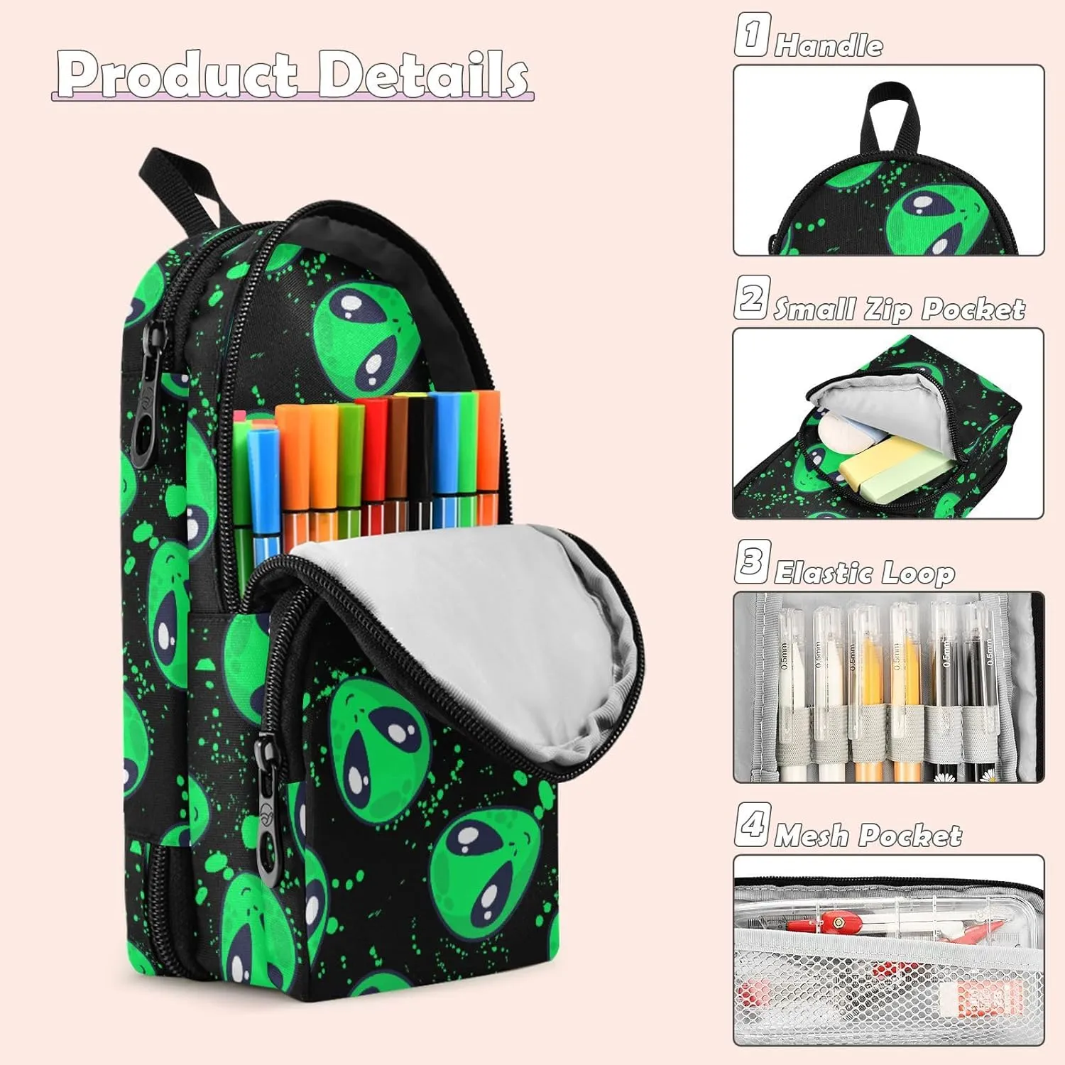 Pencil Case Big Capacity Green Alien Handheld Pencil Pouch Portable Large Storage Canvas Pencil Bag for Boys Girls Adults Students