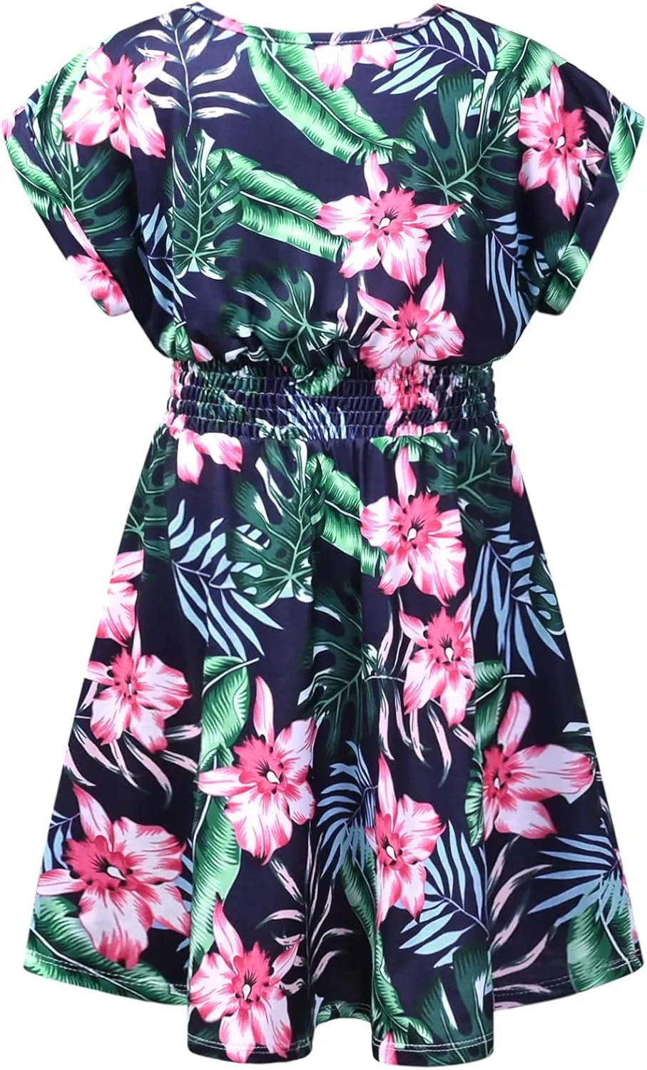 Perfashion Girls Summer Dresses Printed Casual Loose Sundress Smocked Waist Roll-Sleeve