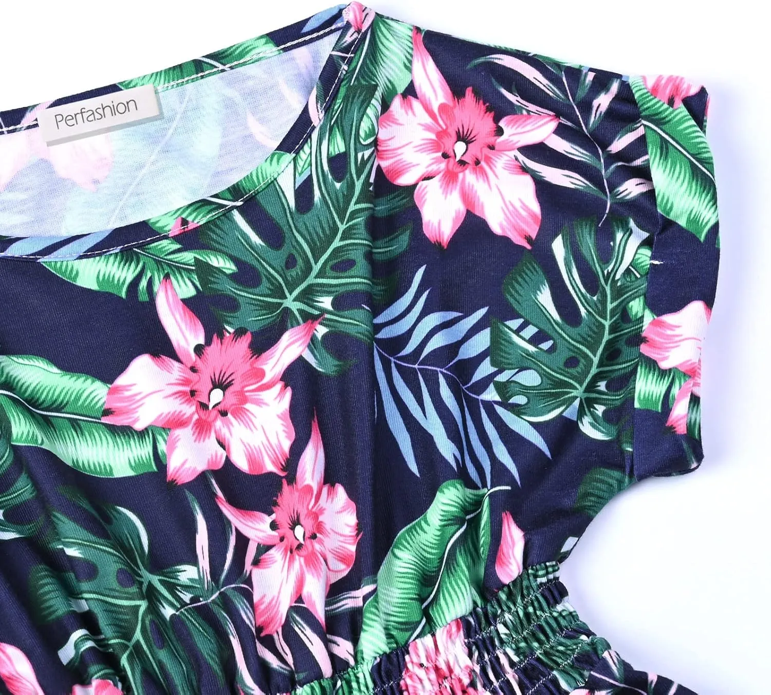 Perfashion Girls Summer Dresses Printed Casual Loose Sundress Smocked Waist Roll-Sleeve