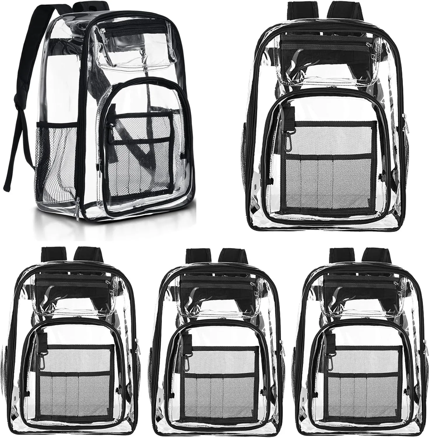 PerKoop 5 Pack Clear Backpack Bulk for Students Heavy Duty PVC Transparent School Bag See Through Bag for Women Men Kids (Black)