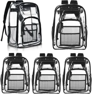 PerKoop 5 Pack Clear Backpack Bulk for Students Heavy Duty PVC Transparent School Bag See Through Bag for Women Men Kids (Black)
