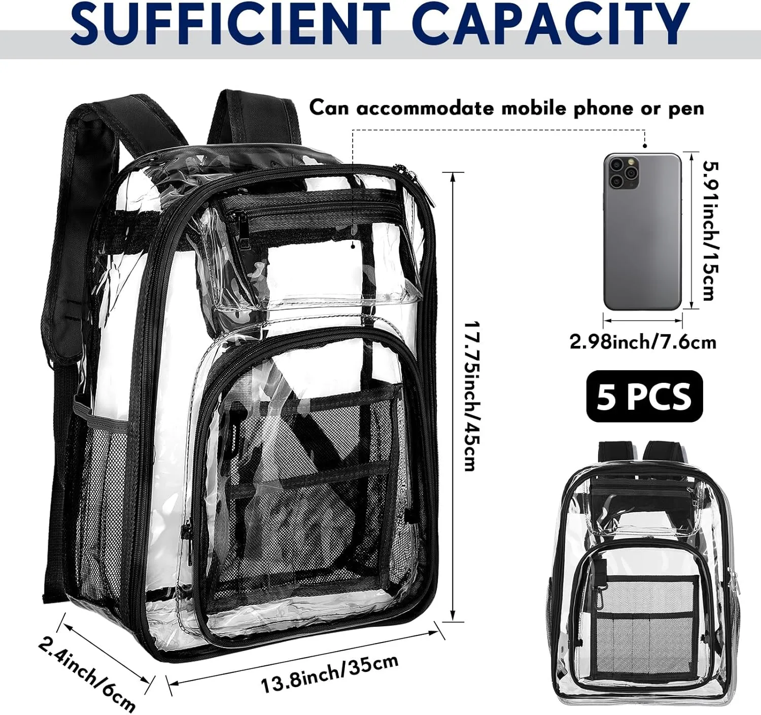 PerKoop 5 Pack Clear Backpack Bulk for Students Heavy Duty PVC Transparent School Bag See Through Bag for Women Men Kids (Black)
