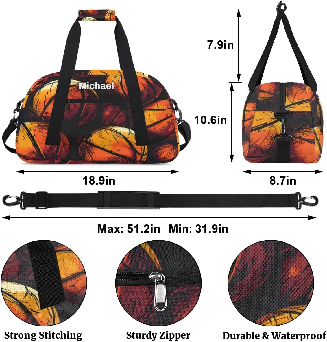 Personalized Basketball Sports Duffel Bag with Name, Men Sport Duffel Gym Training Bag Weekender Bags Athlete Bag Travel Workout Duffel Bag, Orange Drawn Basketball Orange
